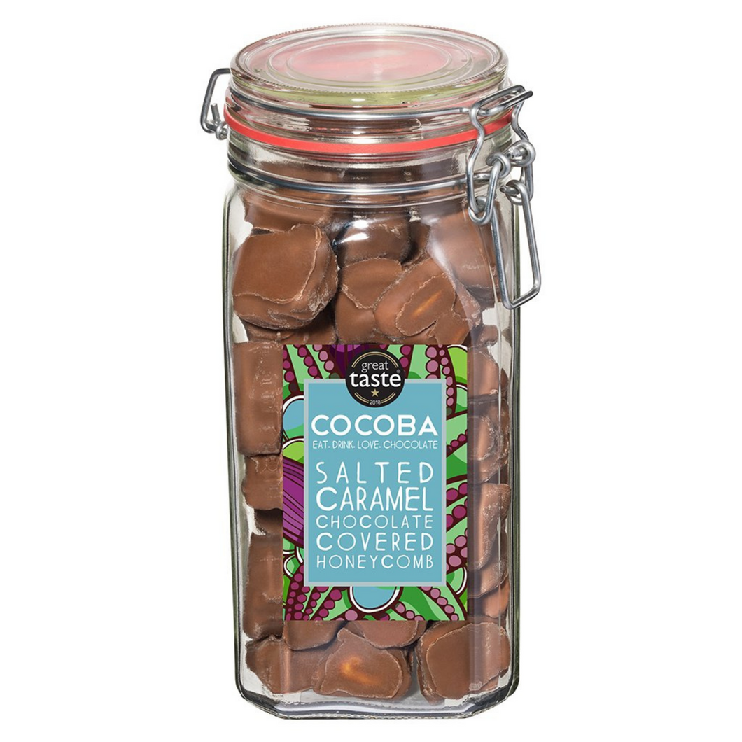 COCOBA SALTED CARAMEL MILK CHOCOLATE COATED HONEYCOMB IN JAR 500G