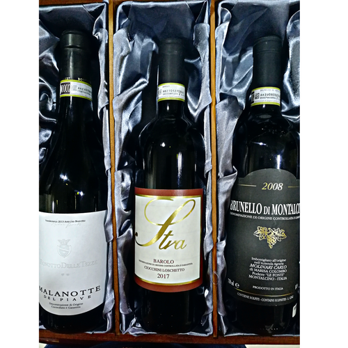 ITALIAN FINE WINE X3 IN WOODEN & SILK BOX